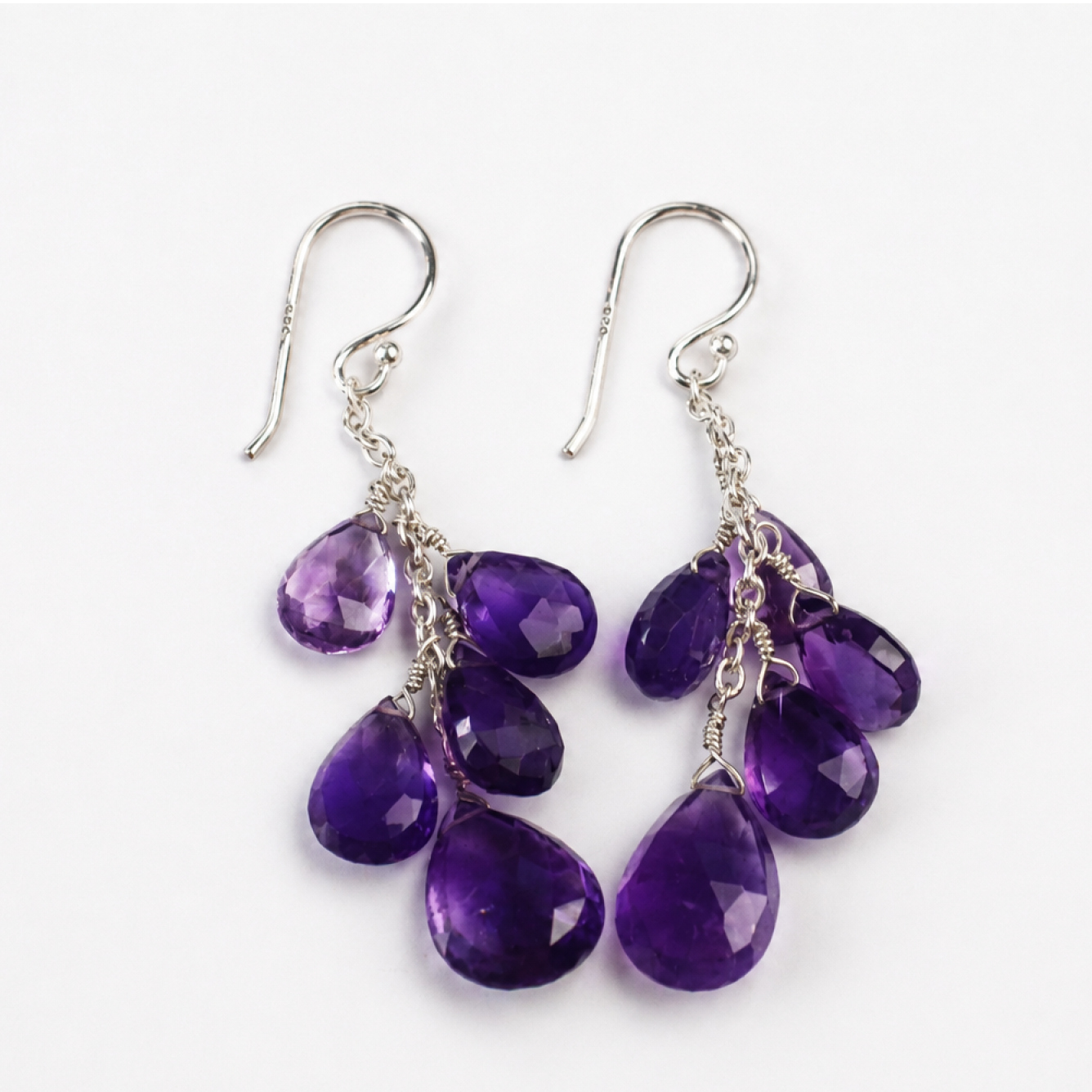 Clear purple amethys faceted pear 925 Sterling Silver Earrings 62 mm
