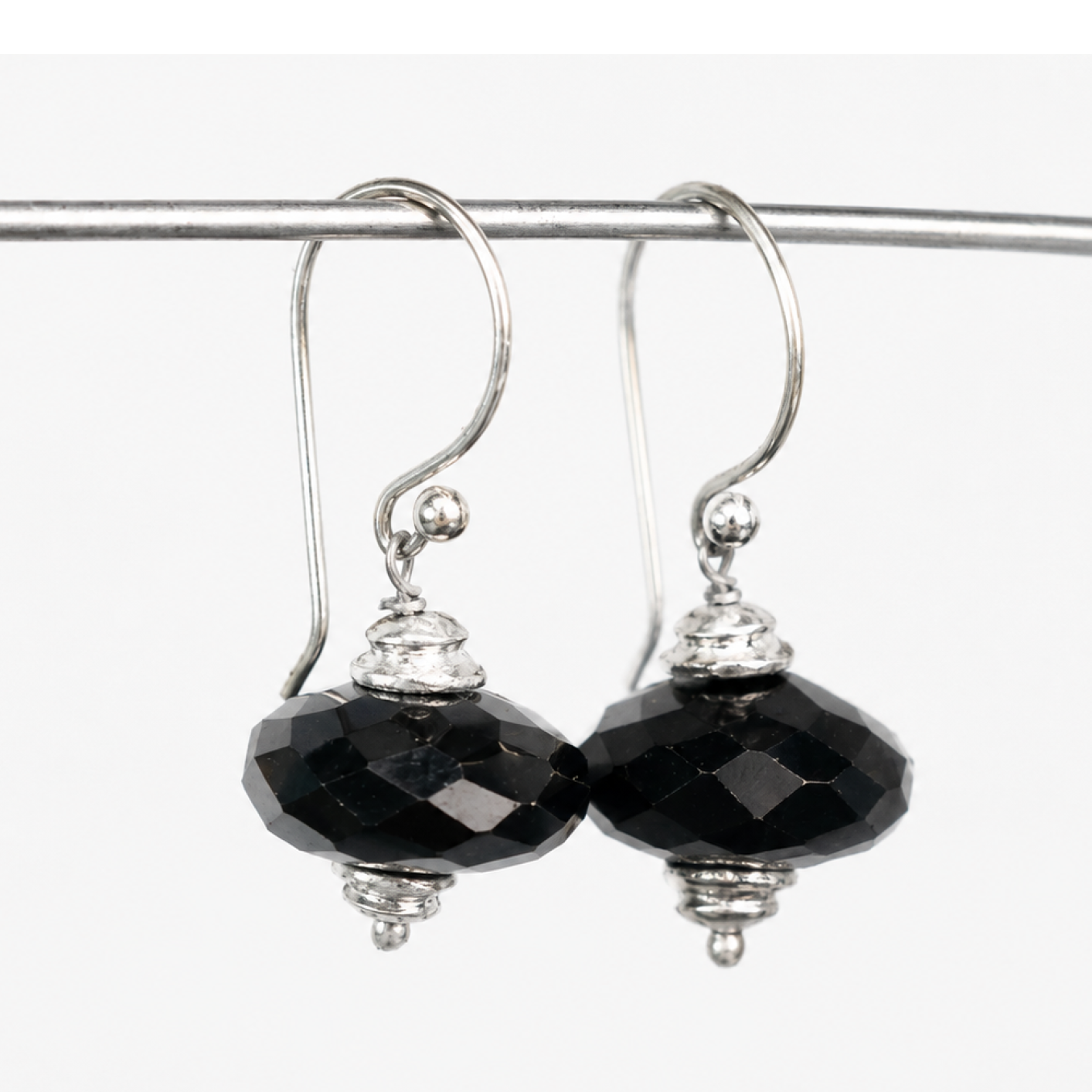 Clear black spinel Faceted Rondelle 925 Sterling Silver Earrings 30 mm