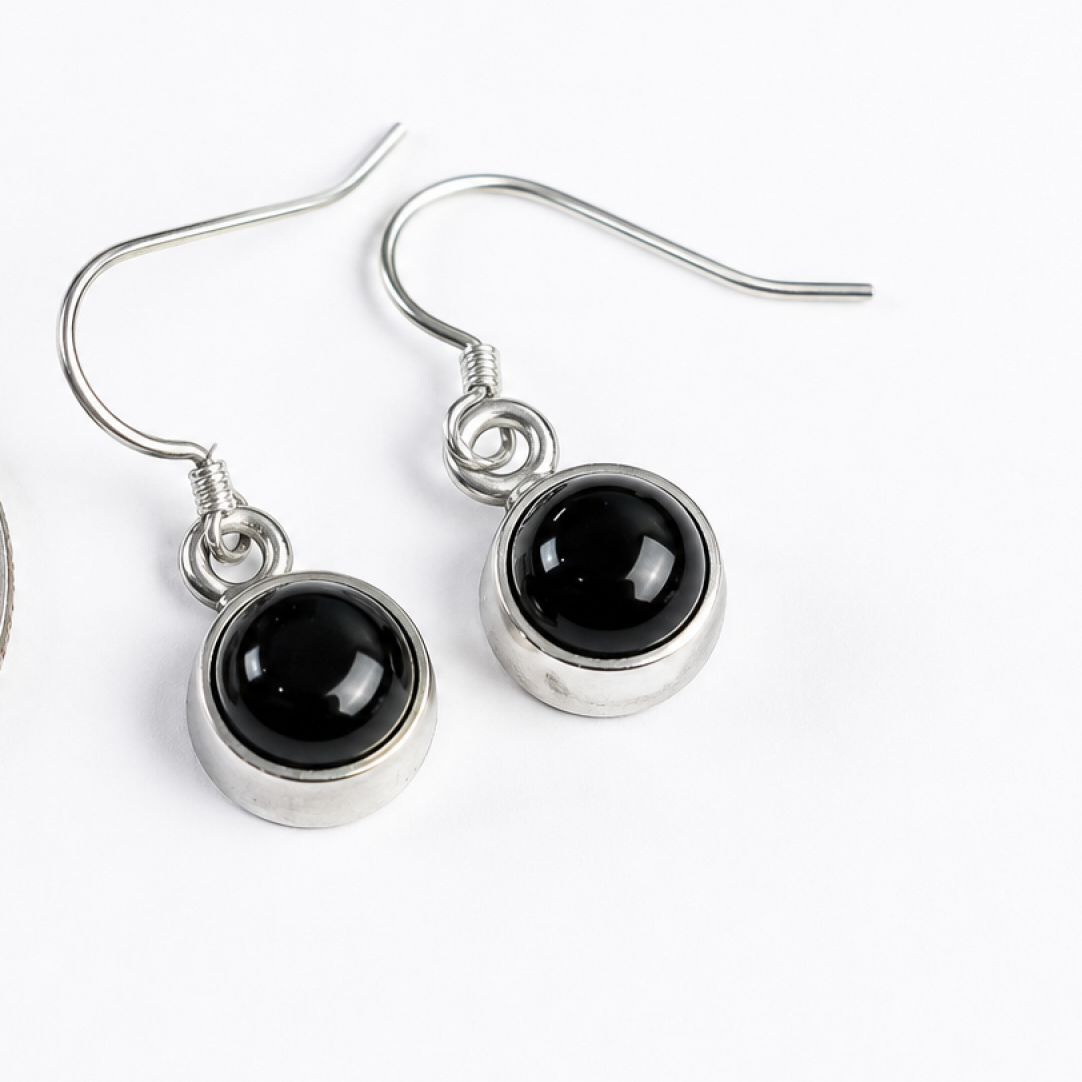 Clear black onyx round 925 Sterling Silver Earrings 24 mm