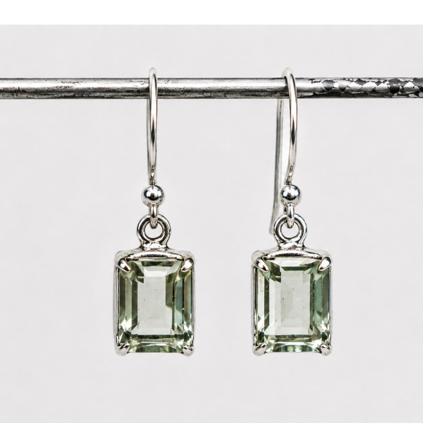 Clear green Natural amethyst rectangle 925 Sterling Silver Earrings 27 mm