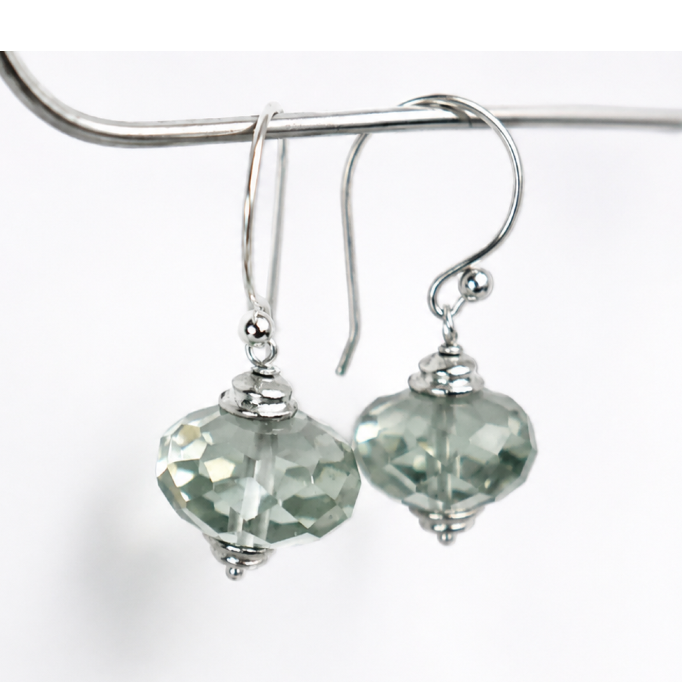 Clear green Natural amethyst Flattened Round 925 Sterling Silver Earrings 32 mm