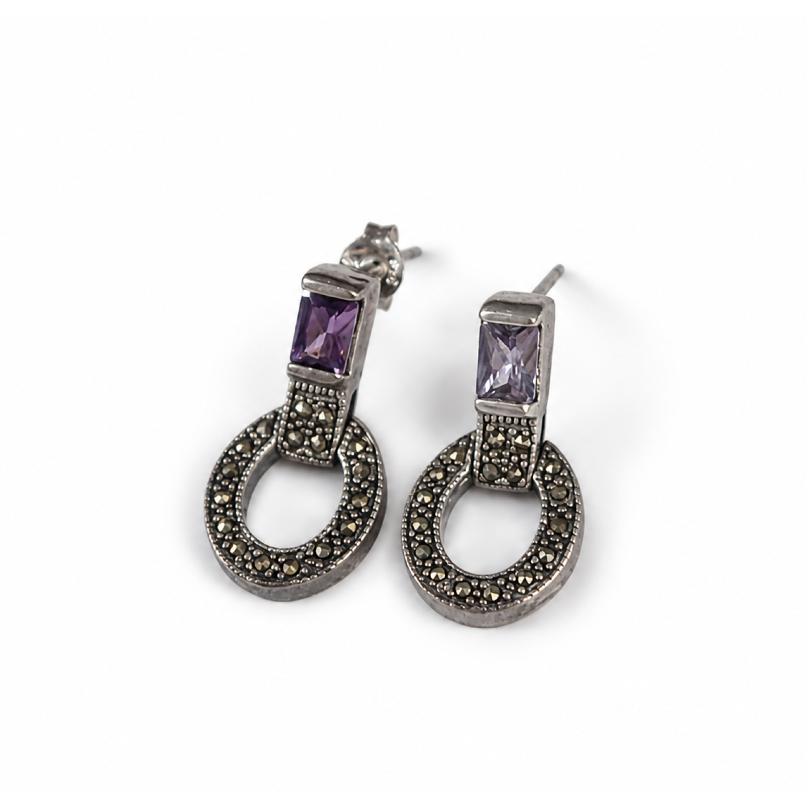Clear light purple Natural amethyst with Marcasite 925 Sterling Earrings 24 mm