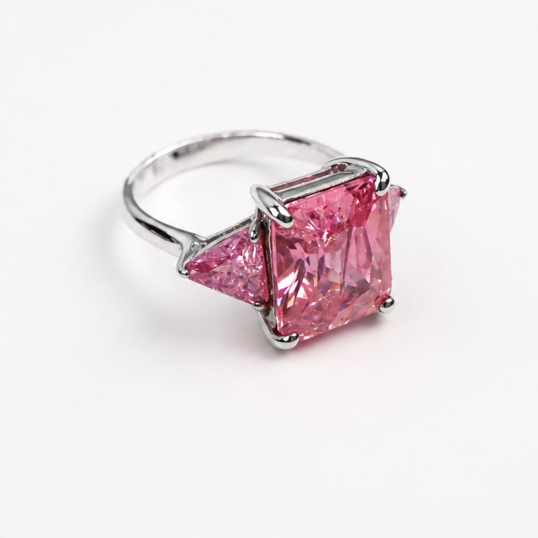 Clear pink Cubic Zirconia rectangle 925 Sterling Silver Ring Size 5.75