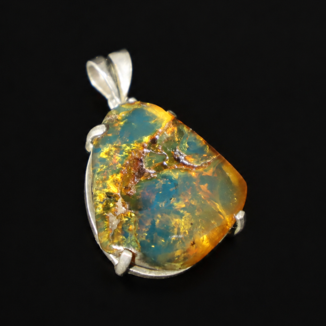 Clear orange blue Natural Dominican Amber round 925 Sterling Pendant 40 mm