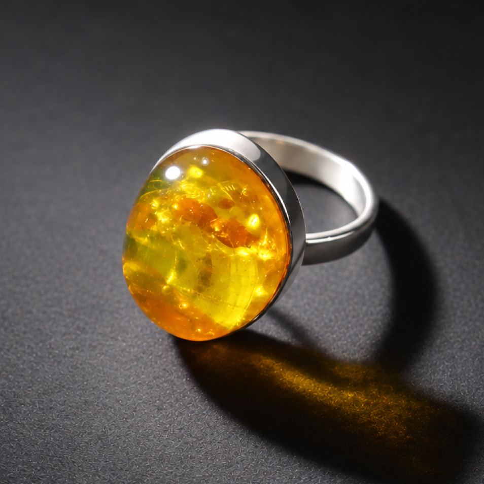 Elegant yellow Dominican amber sterling silver ring size 7.75