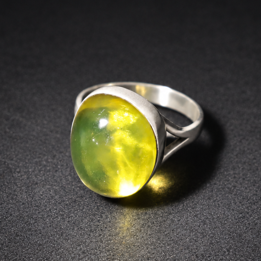 Classic yellow green Dominican amber sterling silver ring size 9