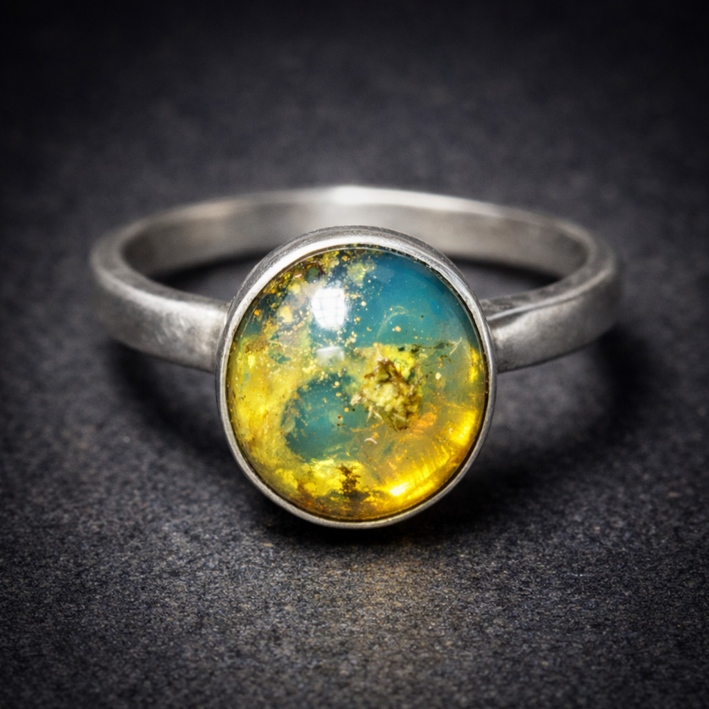 Lovely Natural Clear Light Blue Amber 925 Sterling Silver Ring #5.5 free resize