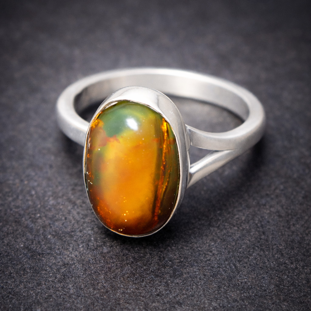 Charming Natural Clear Orange Green Amber .925 Sterling Silver Ring #7.5