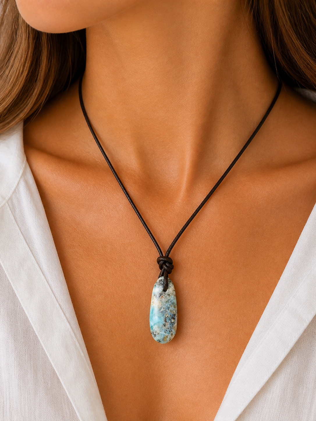 Rare Natural Light Blue Larimar Necklace free leather cord